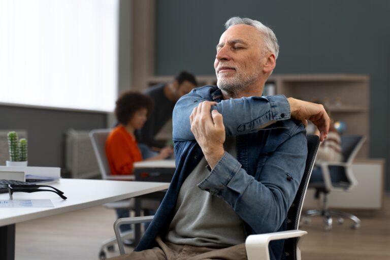 Man in office strerching on a working day and looking for shoulder pain causes