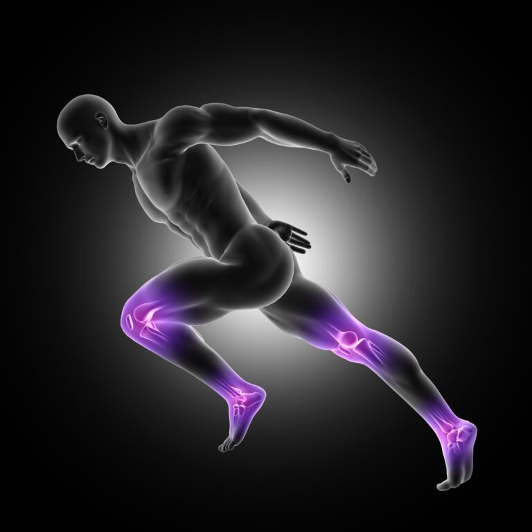 3d render male figure preventing osteoarthritis with sprinting pose with leg joints highlighted