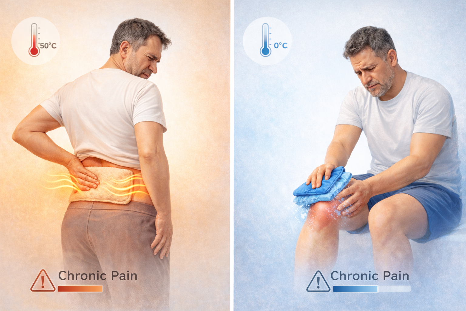 Split illustration of a full adult man using temperature therapy — temperature and chronic pain — with 50°C heat on the lower back and 0°C ice on a swollen knee in a clean divided clinical scene.