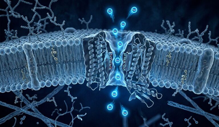 3D medical illustration of a voltage-gated sodium channel showing sodium ions flowing through a neuron membrane — sodium channels pain signaling