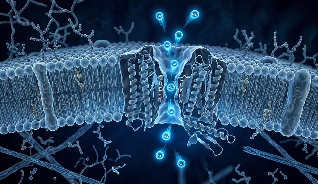3D medical illustration of a voltage-gated sodium channel showing sodium ions flowing through a neuron membrane — sodium channels pain signaling