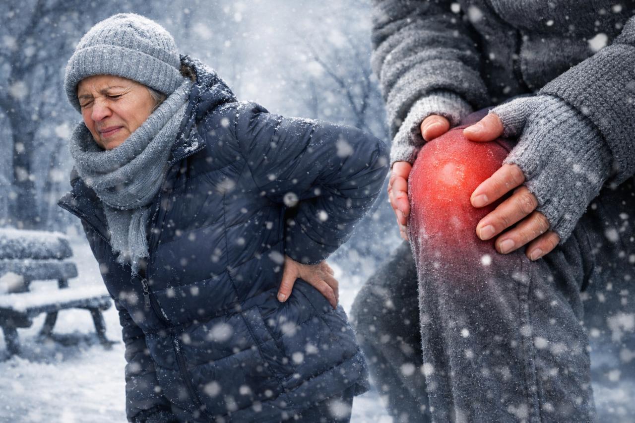 Alt Text: Person experiencing joint and back pain outdoors during snowy cold weather, illustrating does cold weather make pain worse and how low temperatures may increase musculoskeletal discomfort.
