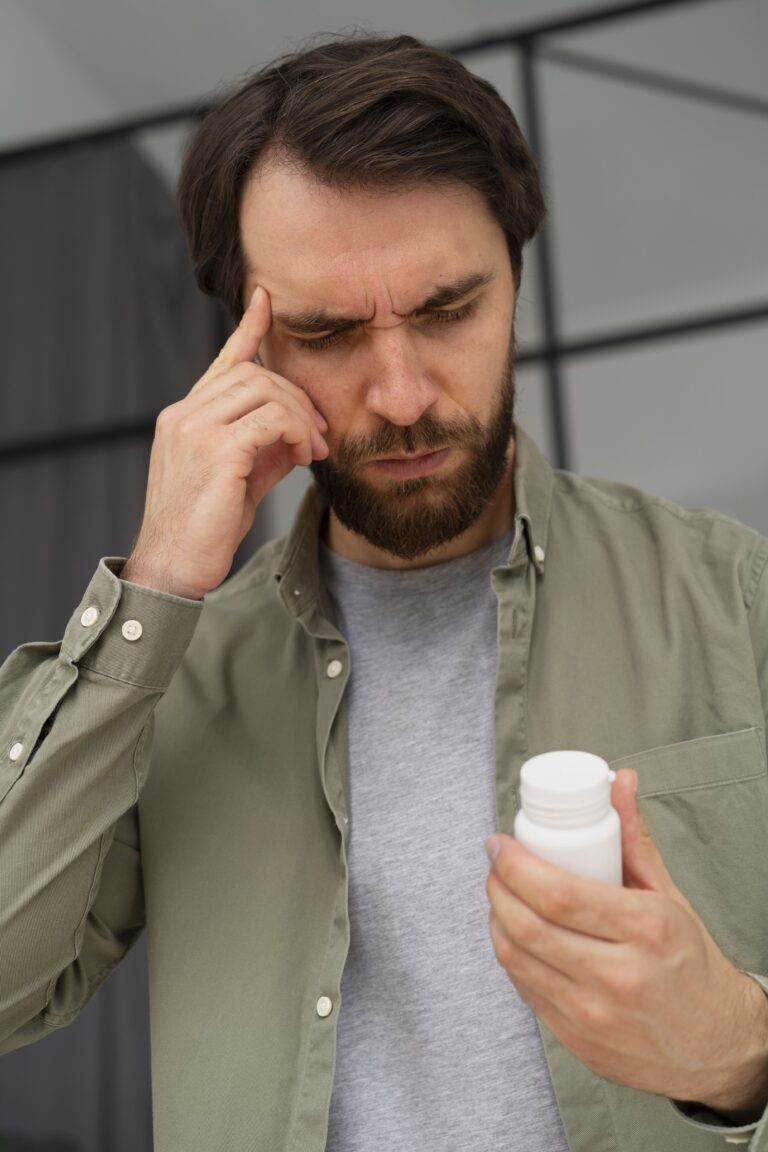 Man with a headache pressing his temple while reading a pill bottle label, researching the best migraine medications for relief