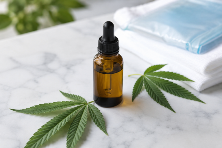 cannabis for migraine relief — CBD oil and cannabis leaves on white marble surface