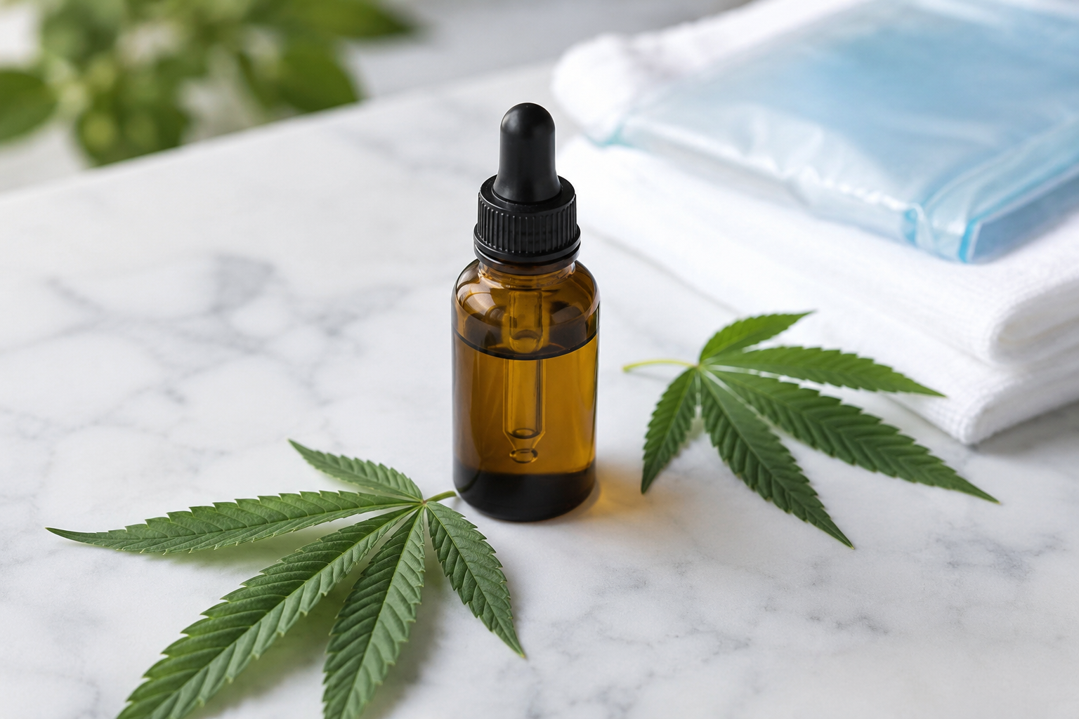 cannabis for migraine relief — CBD oil and cannabis leaves on white marble surface
