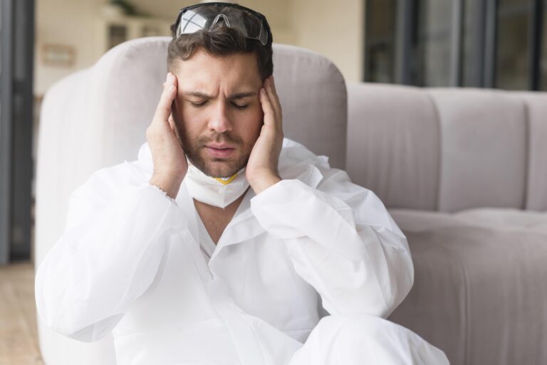 Man in protective clothing sitting indoors with eyes closed and hands pressed to his temples, showing severe head pain and stress related to post-traumatic headache treatment.