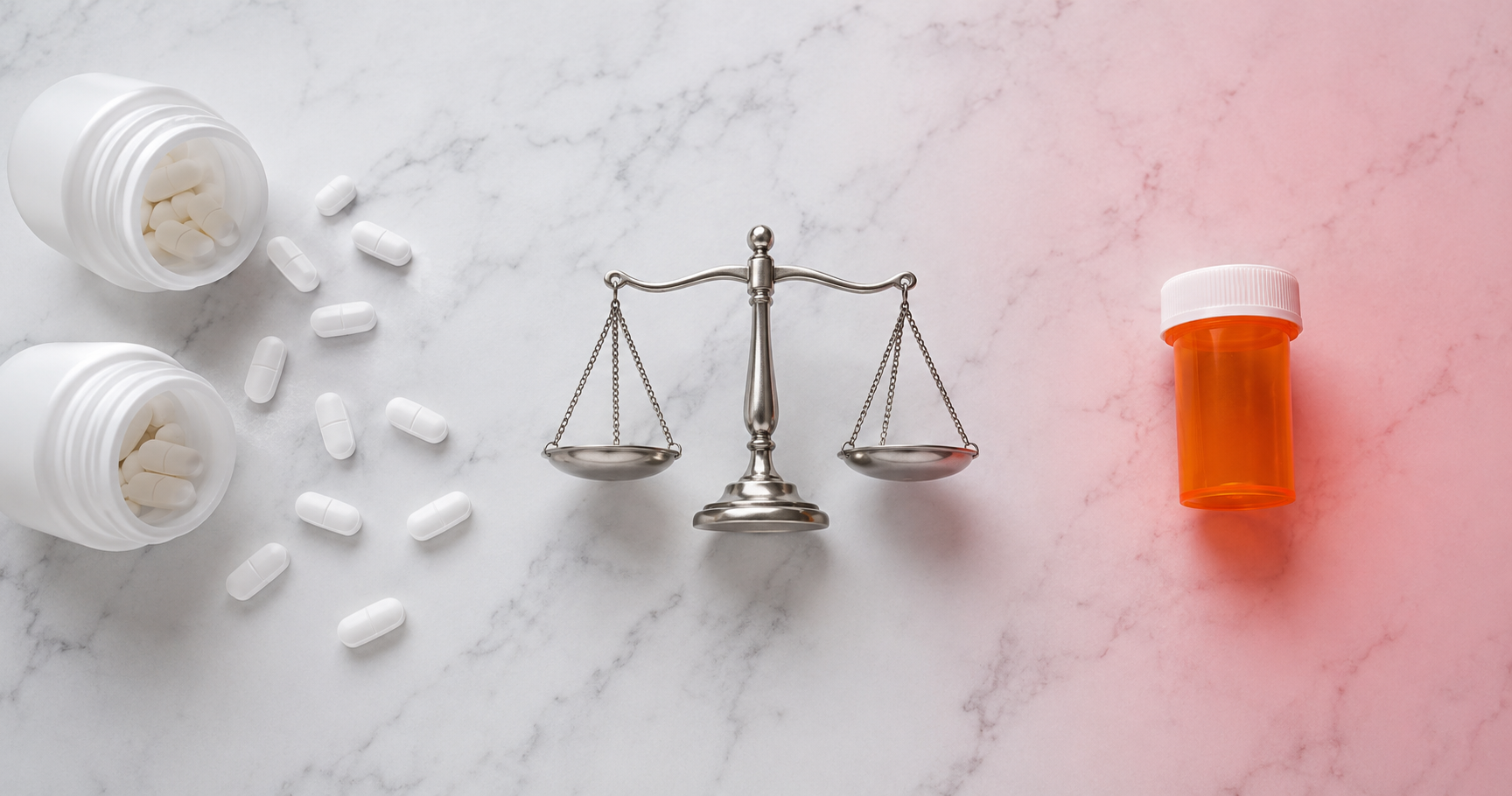White pill bottles with scattered tablets on one side and an orange prescription bottle on the other, separated by a balanced scale on a marble surface, illustrating OTC pain relievers vs opioids and the comparison between over-the-counter pain medication and prescription opioid treatments.