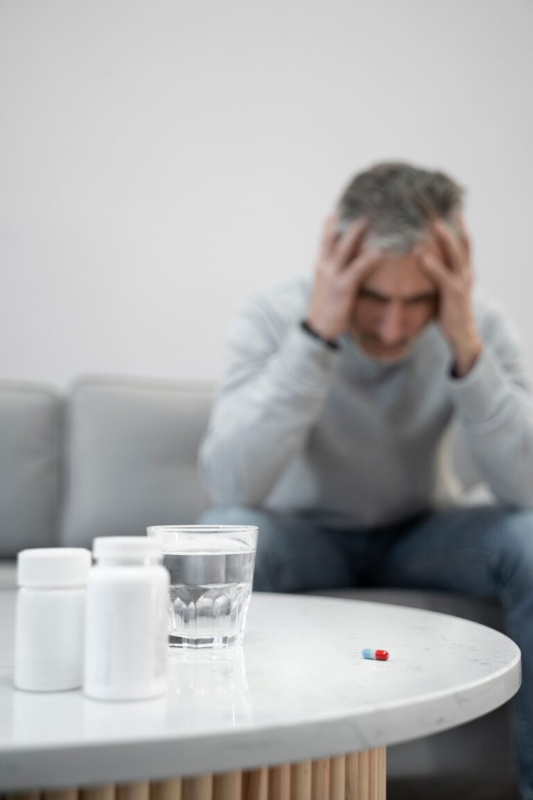 Middle-aged man sitting on a couch with his head in his hands, appearing distressed, while pill bottles, a glass of water, and a capsule rest on a table in the foreground, illustrating the challenges of opioid recovery and the role of mind body therapy opioid use in managing pain and emotional well-being.